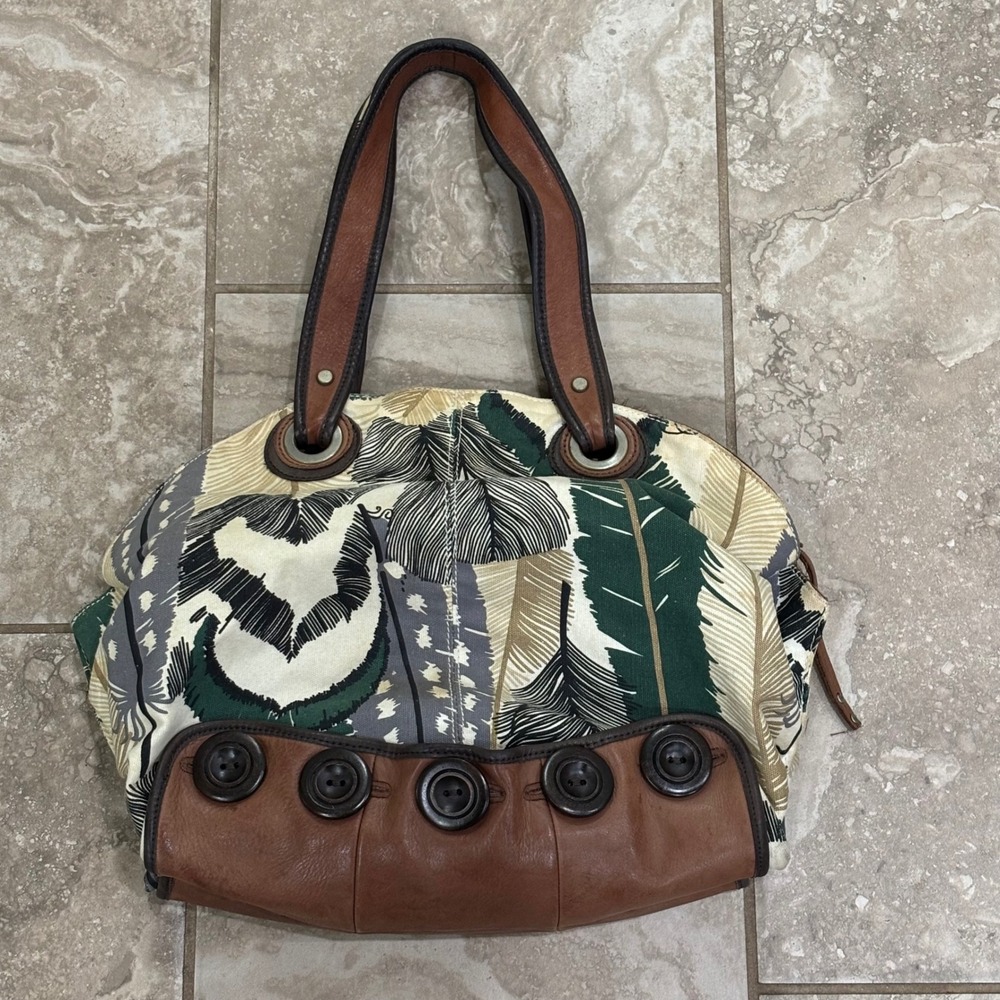 Lucky Penny Anthropology Canvas Leather Tropical Print Hobo Shoulder Bag